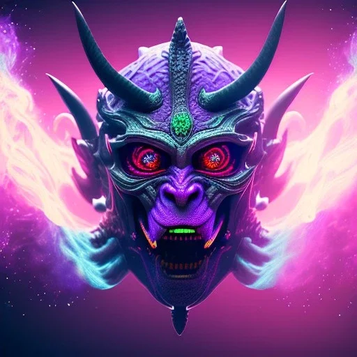 oni purple mask in galaxy, teal and purple smoke, detailed, realistic, 4k