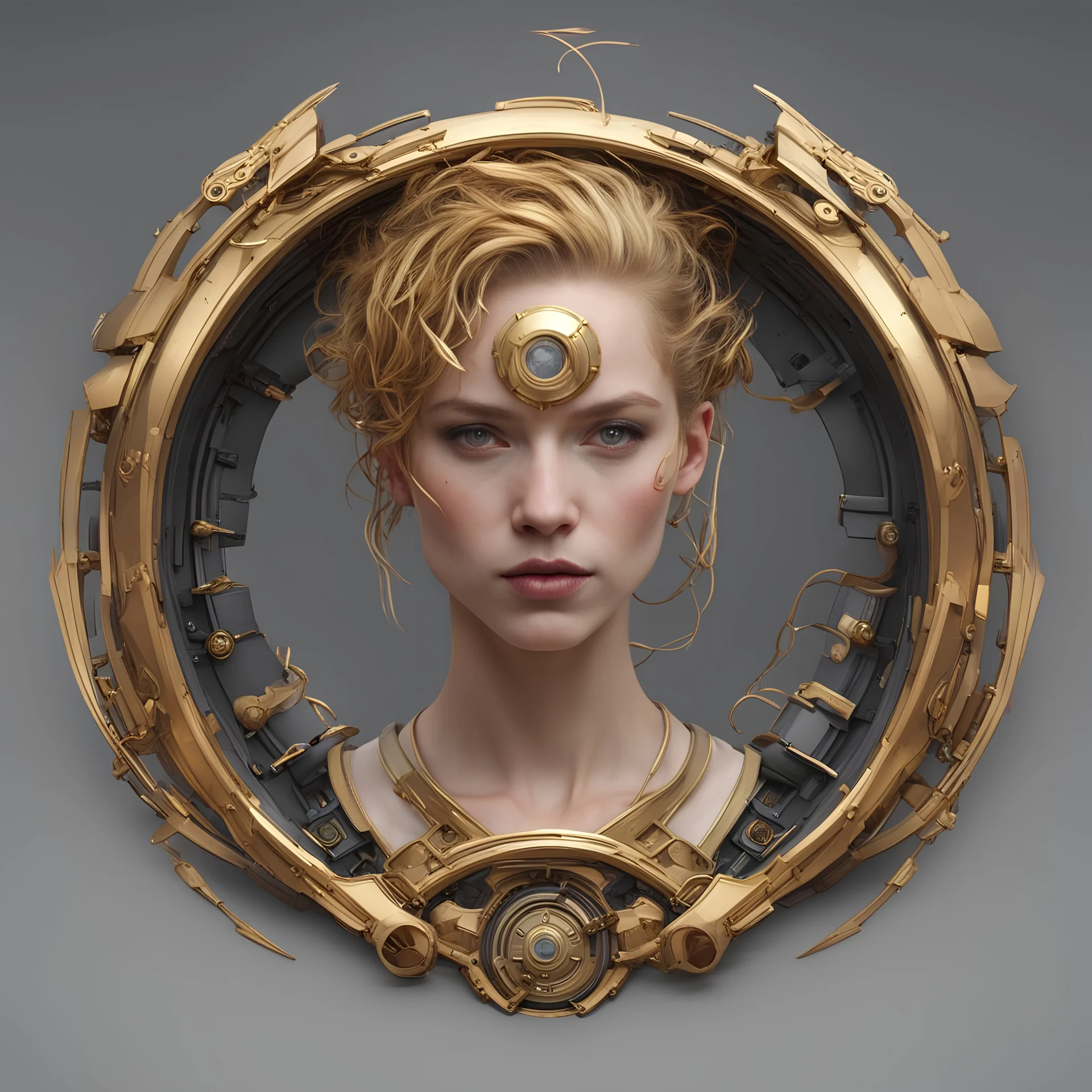 create me a thin round laurel golden portrait rim. not real laurels. but mechanical cyberpunk laurels.