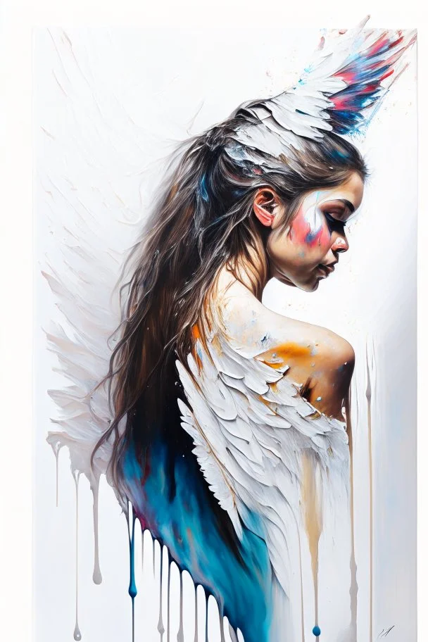 A detailed illustration of a beautiful young female human with growing out of her back. Her skin, hair and face are all made of paint. Her wings are spread. Highly detailed flawless facial features and eyes. Abstract Oil painting splash art. White background, wide angle, abstract design, beautiful, thick flowing paint strokes, dripping paint, fantasy art, modern art, ((soft happy complimentary colors,)) modern aesthetic, focused on the character, 4K resolution.