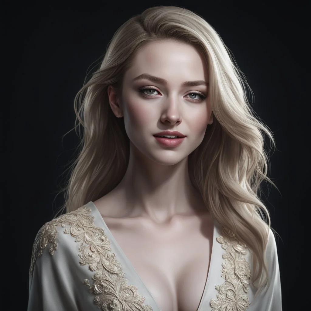 (young woman pale skin)), dark background, mid shot, full body, happy expression, looking down, ultra realistic, highres, superb, 8k wallpaper, extremely detailed, intricate, limited palette,