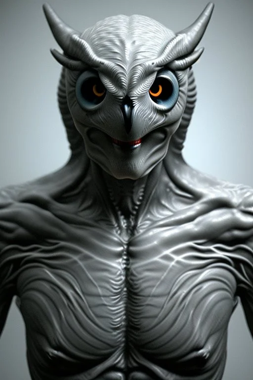 The Owlman alien,white, highly intricate, Realistic photography, incredibly detailed, ultra high resolution, 8k, complex 3d render, cinema 4d.