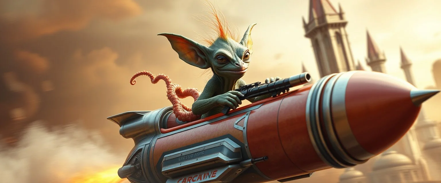 hairy macho gremlin octopus lizard aliens living in a hi tech marvellous hot dog rocket with a mounted sling shot, heading for venus stone castle, background motion blur and smoke swirls