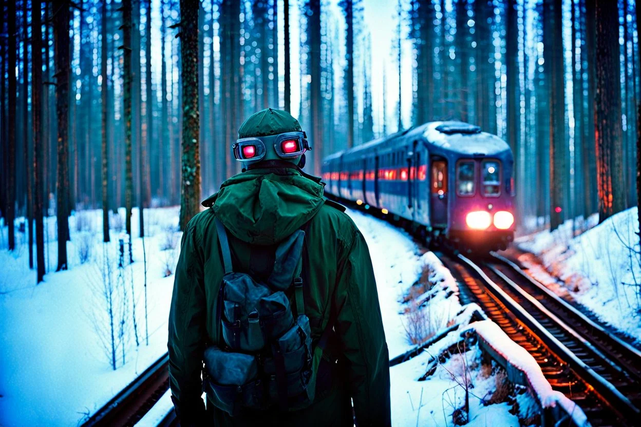 Subject(a interdimensional glitch man), Style(futurism, cyberpunk, gritty, blade runner), Location(A forest, Forest, Alberta, night, Feb, 2994), Frame(passenger interior train), Cam( Nikon, R3, anirmorphic lens, extreme bokeh blur, analog film grain,fuji film, color fading, film scratches, mold, vinegar syndrome, dirt, dust, emulsion damage, water damage, film tears, Cinemascope mumps, gate hair)