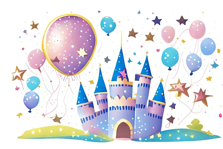 a sparkling star, a castle, elements like balloons and confetti. children book style illustration.