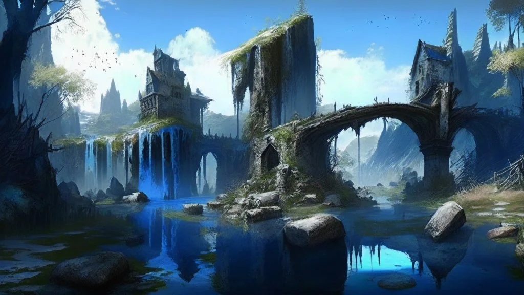 ruined gothic village with waterfall, bridges, trees, next to lake, rocks, with blue sky