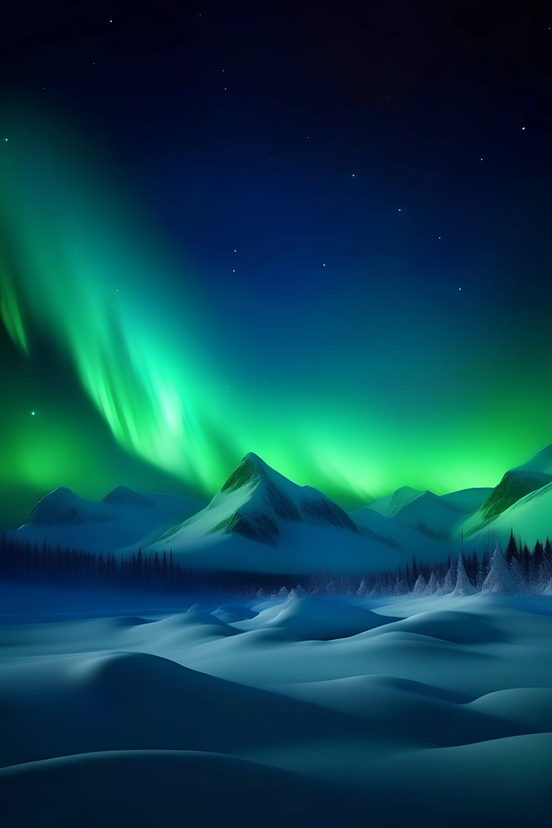 Ethereal aurora over a snowy mountain range, with a full moon shining in the background, mystical, peaceful, serene, winter landscape, high detail..