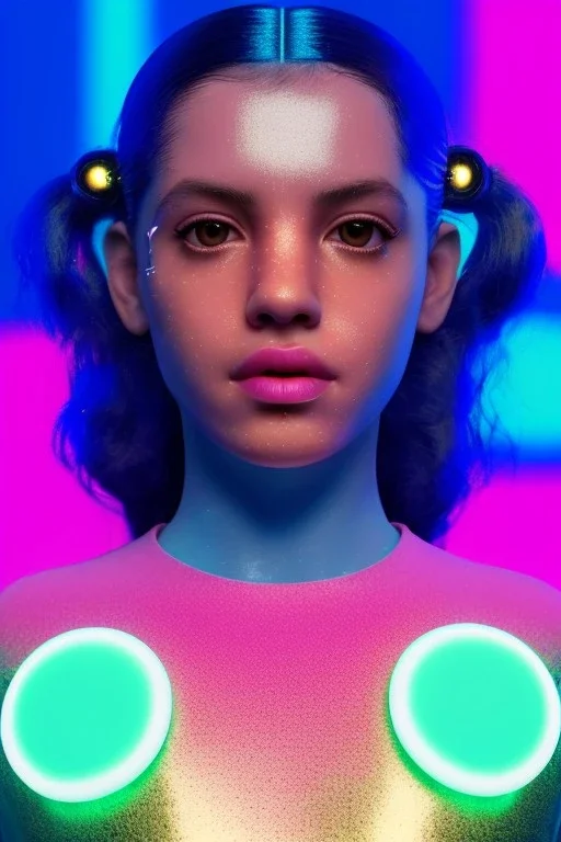 Rosalía artist, Realistic image, natural waist up portrait, perfect eyes, glow, circle iris, eye liner. sweet face, pigtails hair, spray line make up, glow. lips, gold. big rings piercing, led ornament, pearls. coat, latex, inflatable, hot, led lights, minimal, neon, pink, blue, gold, vibrant color, highly detailed, art stations, concept art, smooth, unreal engine 5, god lights, ray tracing, RTX, lumen lighting, ultra detail, volumetric lighting, 3d, finely drawn, high definition, 4k.