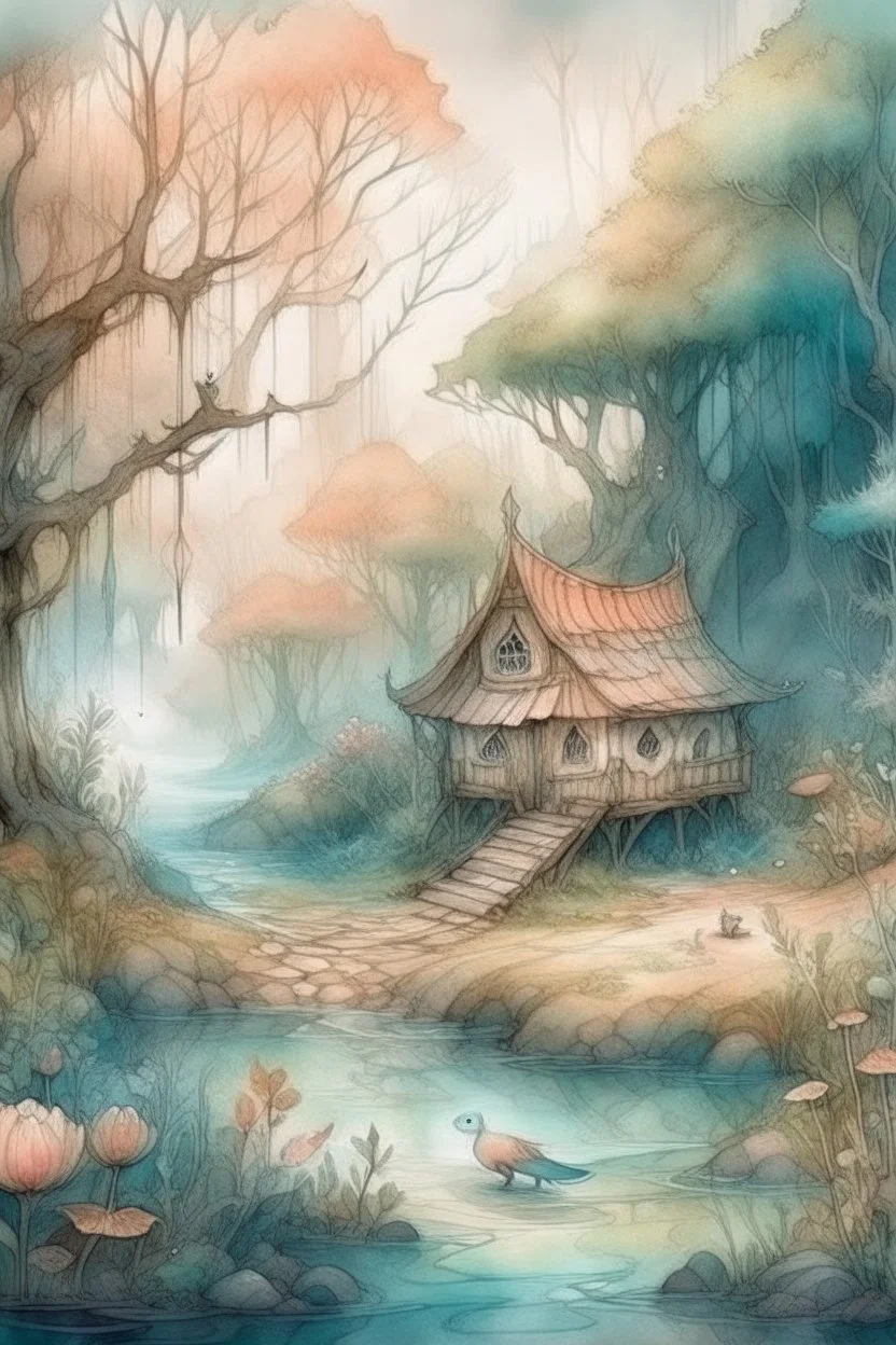 The place where the Dream and its followers live. Watercolor, fine drawing, beautiful foret, pixel graphics, lots of details, pastel aqua colors, delicate sensuality, realistic, high quality, work of art, hyperdetalization, professional, filigree, hazy haze, hyperrealism, professional, transparent, delicate pastel tones, back lighting, contrast, fantastic, nature+space, Milky Way, fabulous, unreal, translucent, glowing