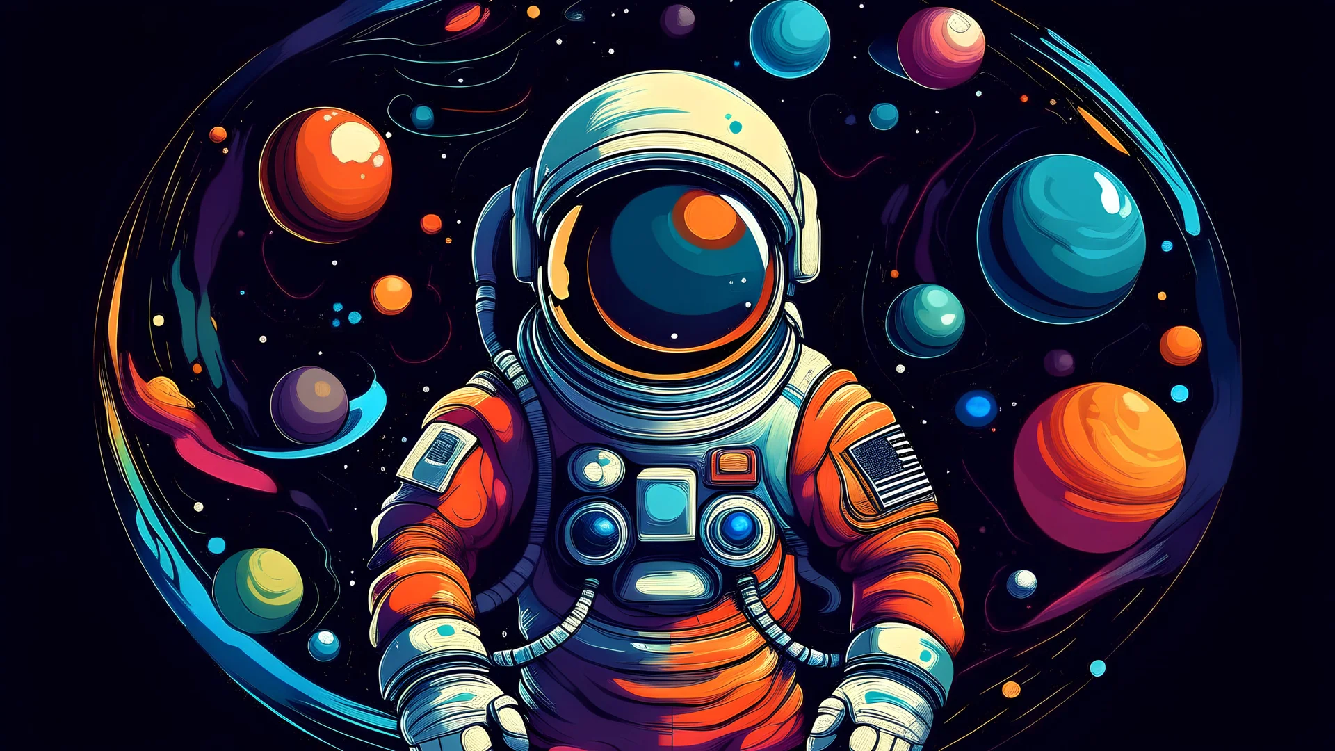 Illustre moi un astronaute dans l'espace. On doit le voir en plan centrale avec dans le fond l'espace, avec plusieurs planètes et étoiles. Le thème des couleurs doit rester dans les codes couleurs de l'espace.