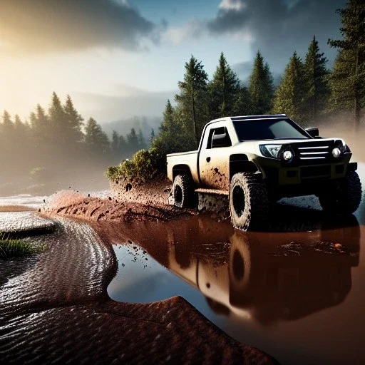 stylized hyperrealistic shot, muddy aggressive military toy truck, monotone color palette, sharp focus, puddle reflection, tire water splash, refraction, mist on the horizon, sunset, rocks background, detailed and intricate, cinematic composition, micro, tilt shift photography, unreal engine 5, octane render, 8k, cinematic lighting