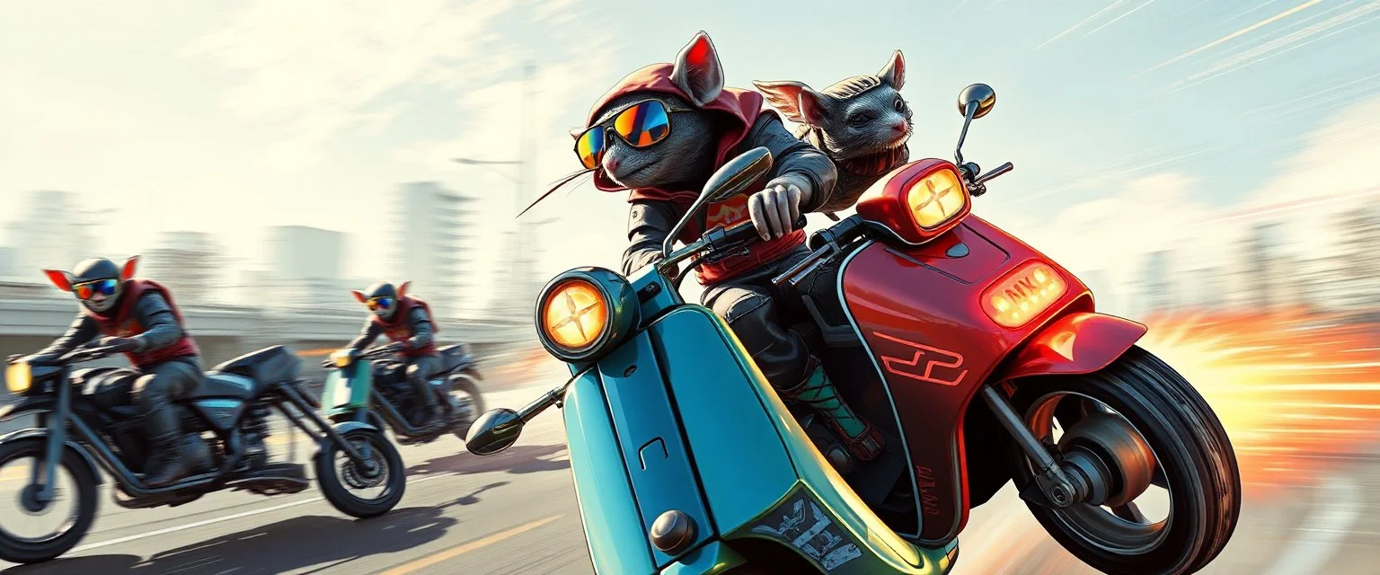 hi speed rocket ship on leaning scooter in a swing, coated rat gremlin captain in high speed pursuit among neon spy vs spy rat cyber soldiers, with background motion blur, airbrush and pen outline, in the style of Fallout 4 and Cyberpunk and GTA5, sun glasses with mirror reflection