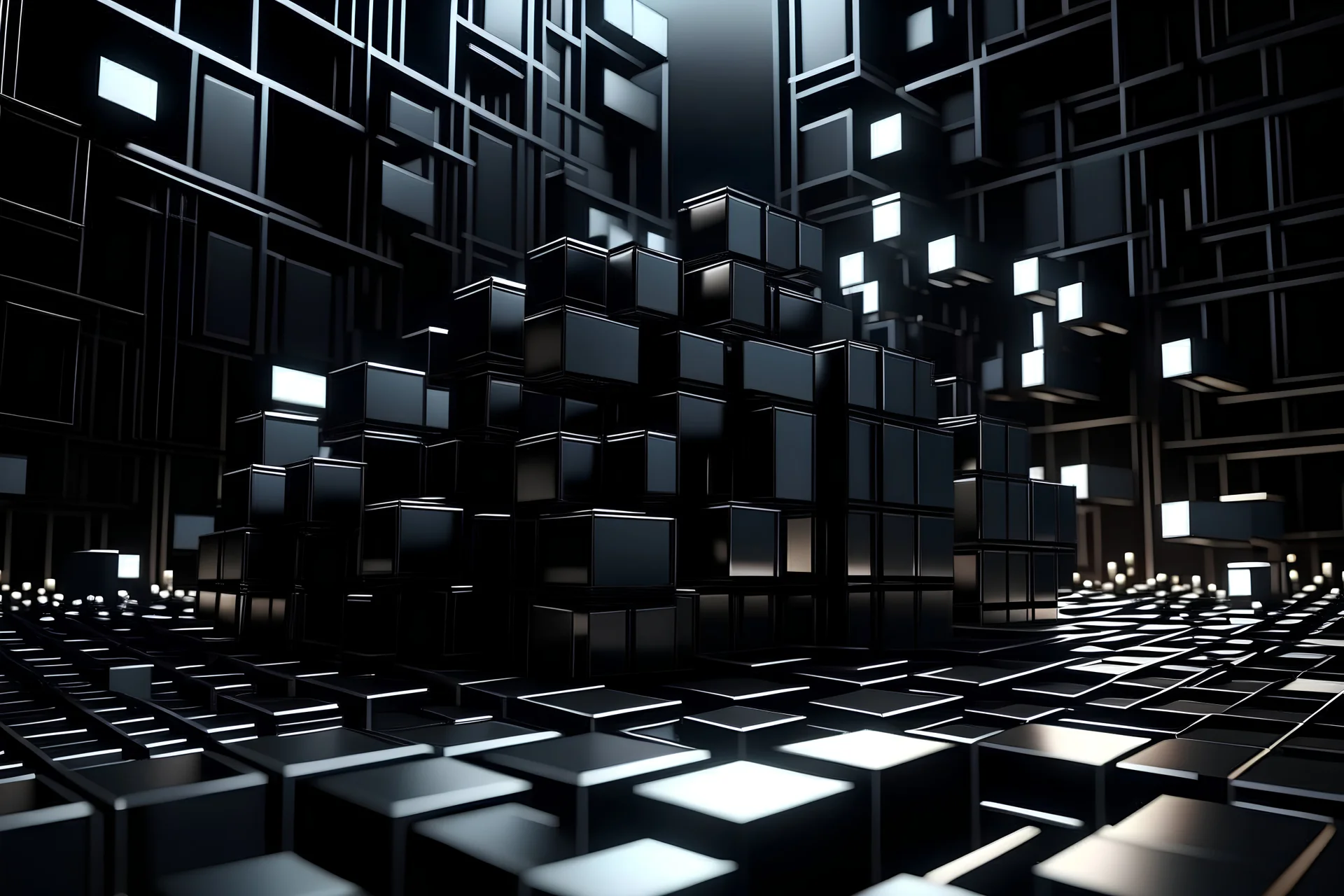 hyper crazy aluminum diorama art of the matte black cubes squares circles triangles glowing lines motion blur depth of field dark metallic colors light from the left and back hyper shadows octane render