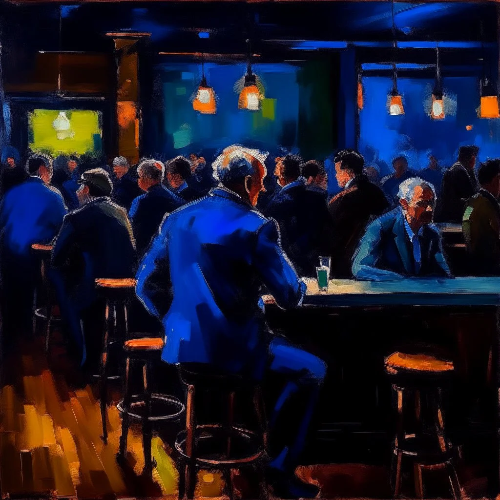 a single figure in a crowded bar at night, dark colors, impressionist style