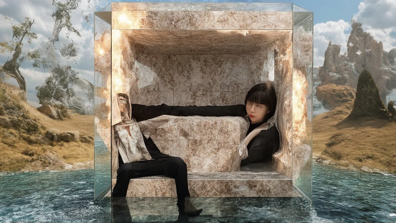 A person inside a glass cubic shape in an surreal environment