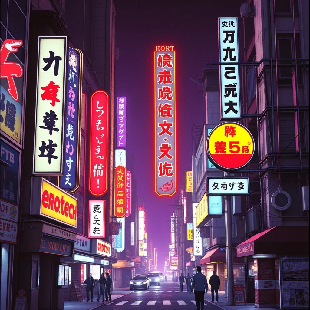 city silhuette, cyberpunk, 80s, retro, signs with written names of hoshiniji and erotech and afterlife and kobayashi