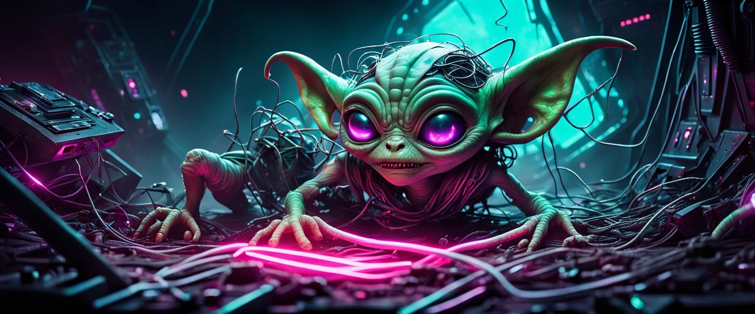 Small alien gremlin scavengers crawling over a crashed spaceship, broken screens glowing, tangled wires like vines, foggy neon atmosphere, mischievous eyes in shadow, airbrush sci-fi fantasy poster, playful but dangerous tone