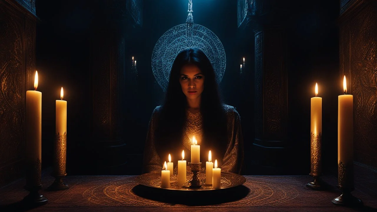 The Queen of Khauran woke to a bone-chilling silence in her palace, the candles extinguished mysteriously. A strange luminescence glowed in the darkness, expanding into a lurid light against the chamber's hangings. Within the radiant disk, a shadowed human head appeared, captivating her gaze. The darkness felt oppressive as she lay staring into the void, the starlight offering no comfort. Mesmerized by the spectral presence, she braced herself, dagger in hand, for the unknown entity's intentions