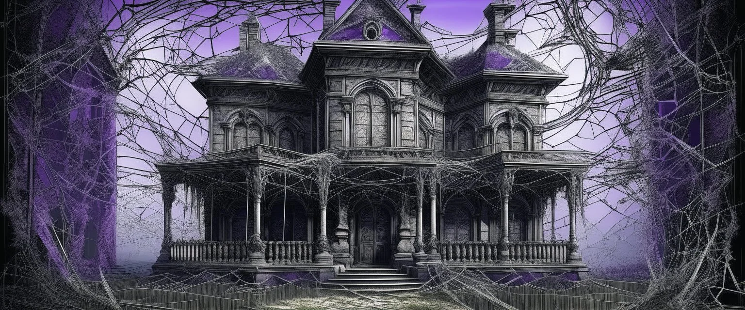 A purple haunted mansion covered in cobwebs painted by Leonardo da Vinci