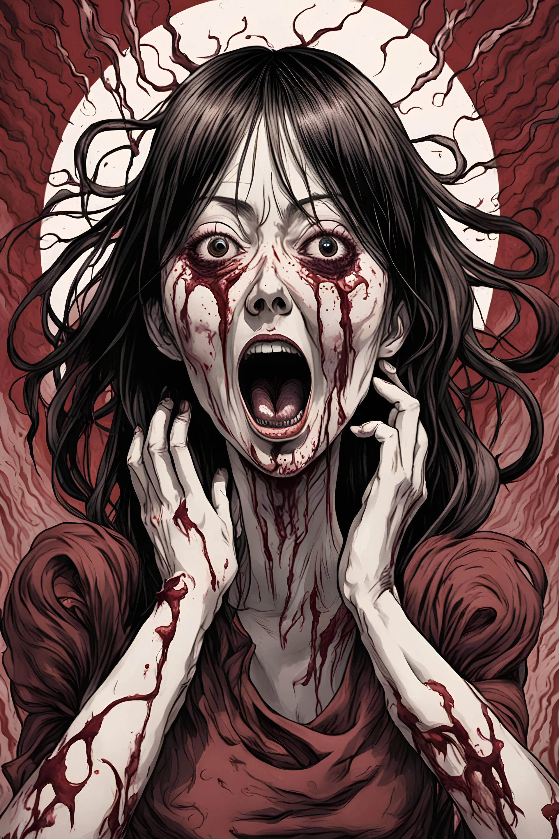 woman with 4 eyes, face distorted with pain, screaming, tears streaming from eyes, siting pose, fullbody, Junji Ito style, darkred tones,