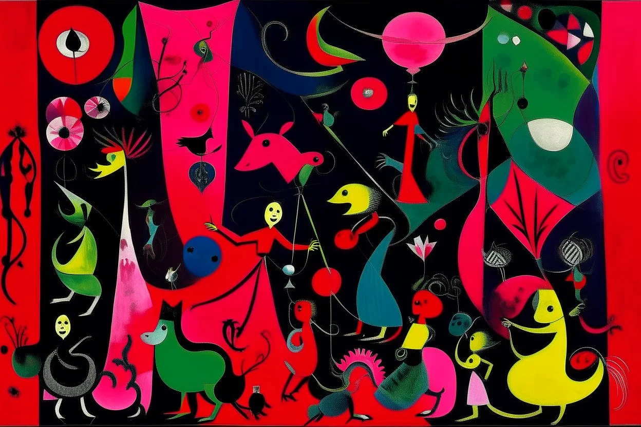A magenta circus with fairies painted by Joan Miró