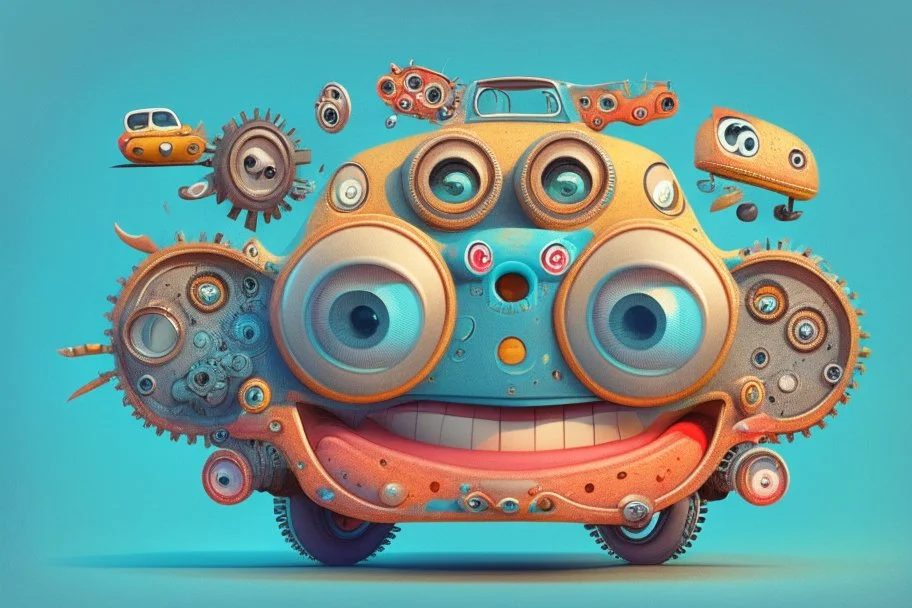 whimsical cartoon car with big eyes and a friendly smile, accompanied by various mechanical parts that form the shape of the car?