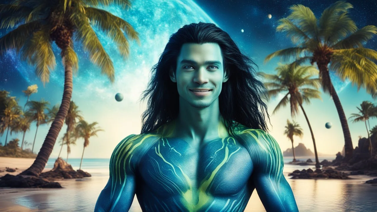 beautiful gorgeous young man na'vi with long hair, Avatar, blue skin, two small ears, green eyes, black hair, in cosmic suit, galactic ambiance, smiling, with spaceship and planets and palm trees and clear crystaline cosmic beach in background