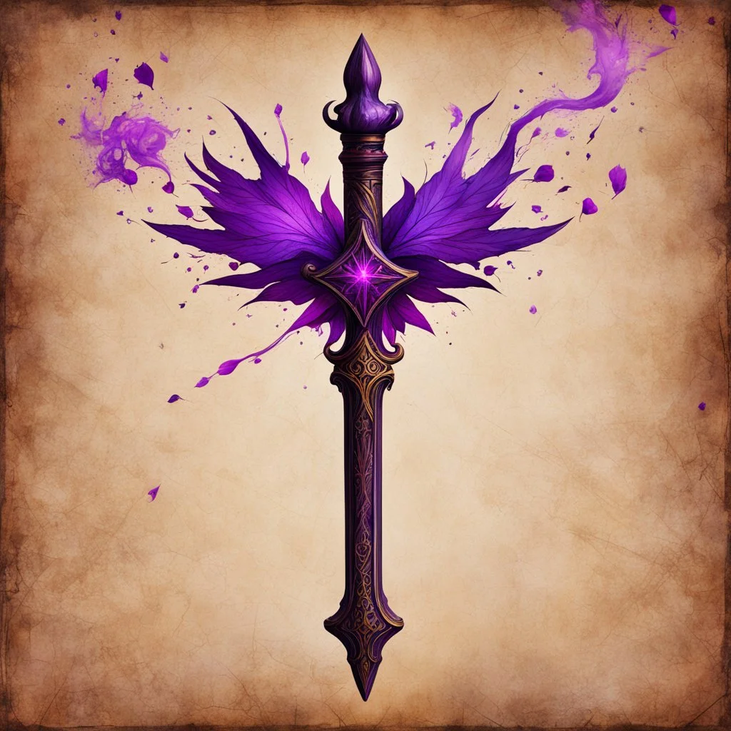 A old, dark, wooden magical wand used for black magic. Bright violet details. Evil. Dark. Black magic. No detailed background.Magical. Epic. Dramatic, highly detailed, digital painting, masterpiece
