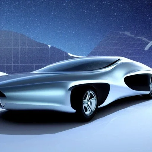 futuristic car, shape of a neuron, realistic, high details, with solar panels, metal, cinematic, driving in the arctic