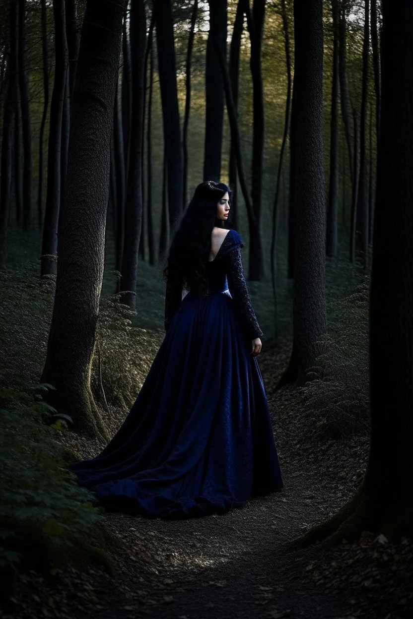 A princess in a dark indigo dress and very long black hair walks through a dark forest full of trees with her knight