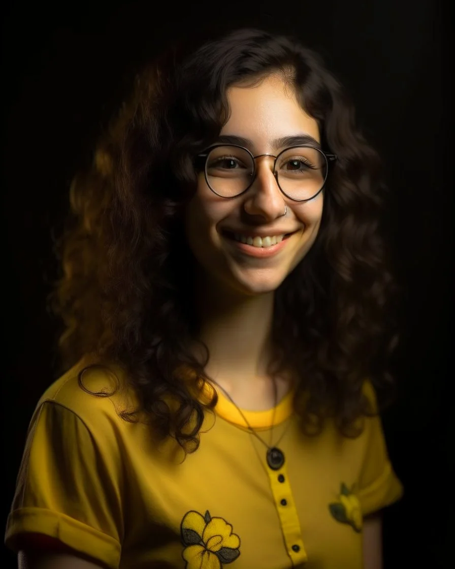 Jeune femme au sourire éclatant, longue et élancée, button nose, cheveux noirs, longs, bouclés et volumineux, porte de grandes lunettes rondes à la monture transparente. Elle porte un t-shirt de couleur jaune moutarde avec une chemise florale transparente. Rembrandt style lighting, 8k, portrait, HD.