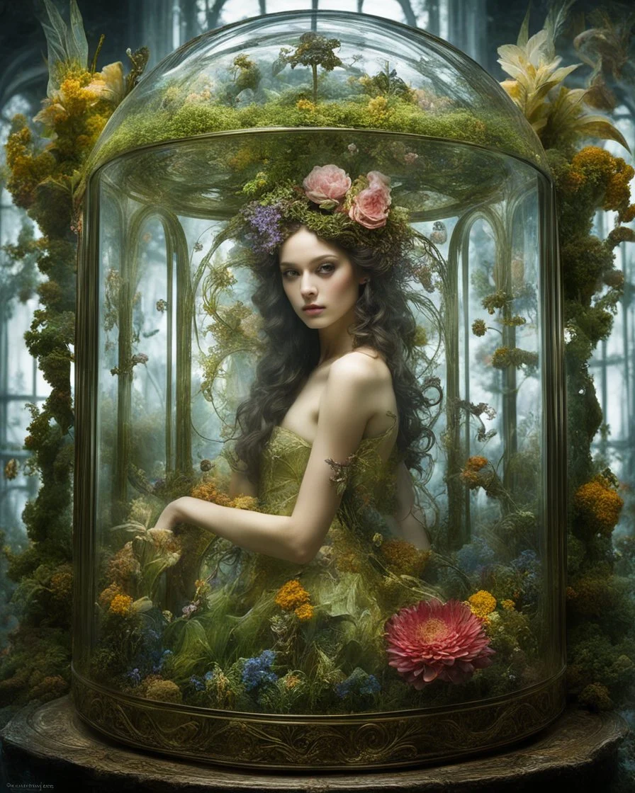 Photography The beautiful fairy girl in glass box is an abstract concept that refers to a world made entirely of flowers or plants, often in a fantasy or mythical setting. The flower planet in this image appears to be a baroque world, with ornate spiral patterns and intricate designs.