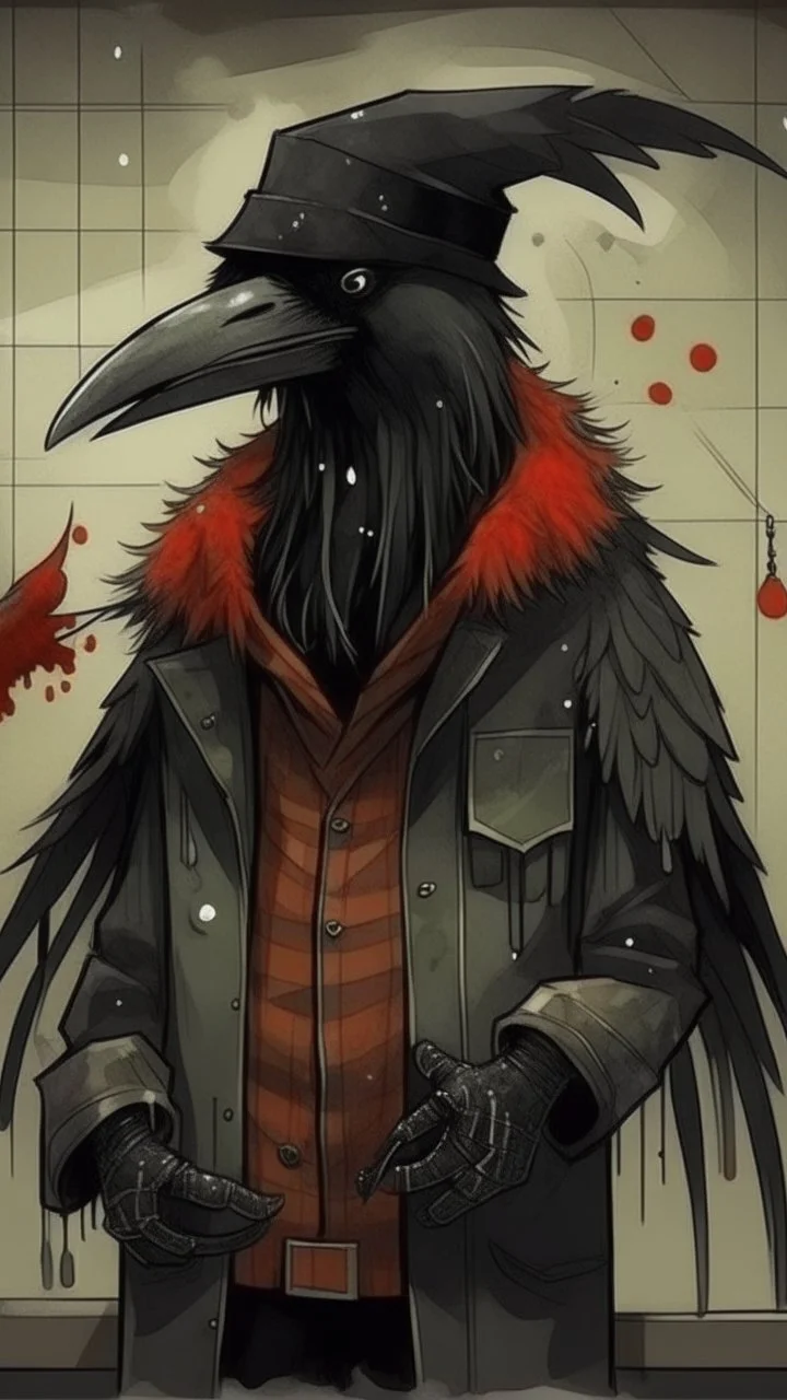 An illustration by Miyazaki and Rothko of a human-like raven with a punk leather jacket within a Christmas atmosphere.