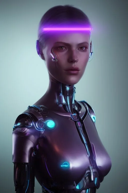 Futuristic cyborg girl portrait, dark lightning, purple glow