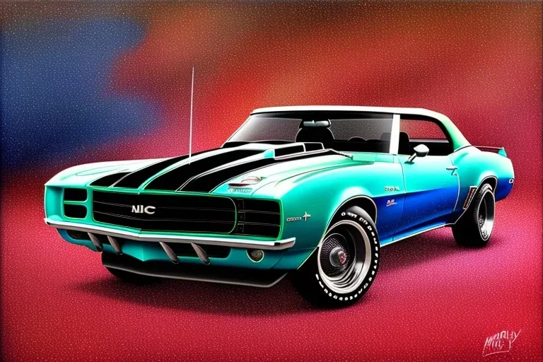 pen and color marker, true-to-life 1969 chevrolet camaro convertible pro street, two-tone paintwork, classic hotrod wheels, detroit steel wheels, centered, intricate, extreme detailed, photorealism, center view, stylized random background, pivot on camaro, painting by cheryl kelley