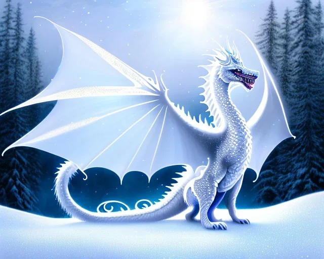 mdjrny-v4 style, a white dragon with fairy-like transparent glowing and sparkly wings standing in snow, full body, silver and teal background, glowing soft and smooth wings, realistic, highly detailed intricately detailed, shiny snowy background, soft studio lighting, trending on artstation, by artist "Julie Bell", by artist "Greg Rutkowski"