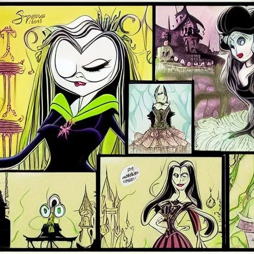 extrem tim burton style and disney style of an old and extrem malicious stepmother, sharp focus, sneaky eyes, old face