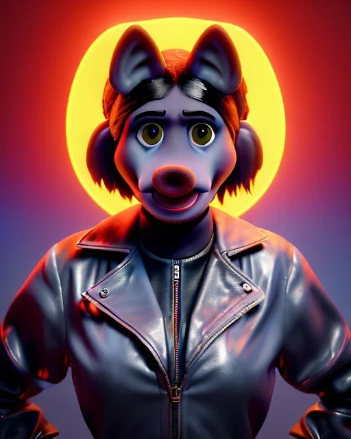 Waist up portrait, hybrid character, waitress British woman with classic muppet mask that covers her entire head and face, Sesame Street style, latex dress, short shirt, old school tattoo, hot, smooth, unreal engine 5, god lights, ray tracing, neon, RTX, lumen lighting, ultra detail, volumetric lighting, 3d.