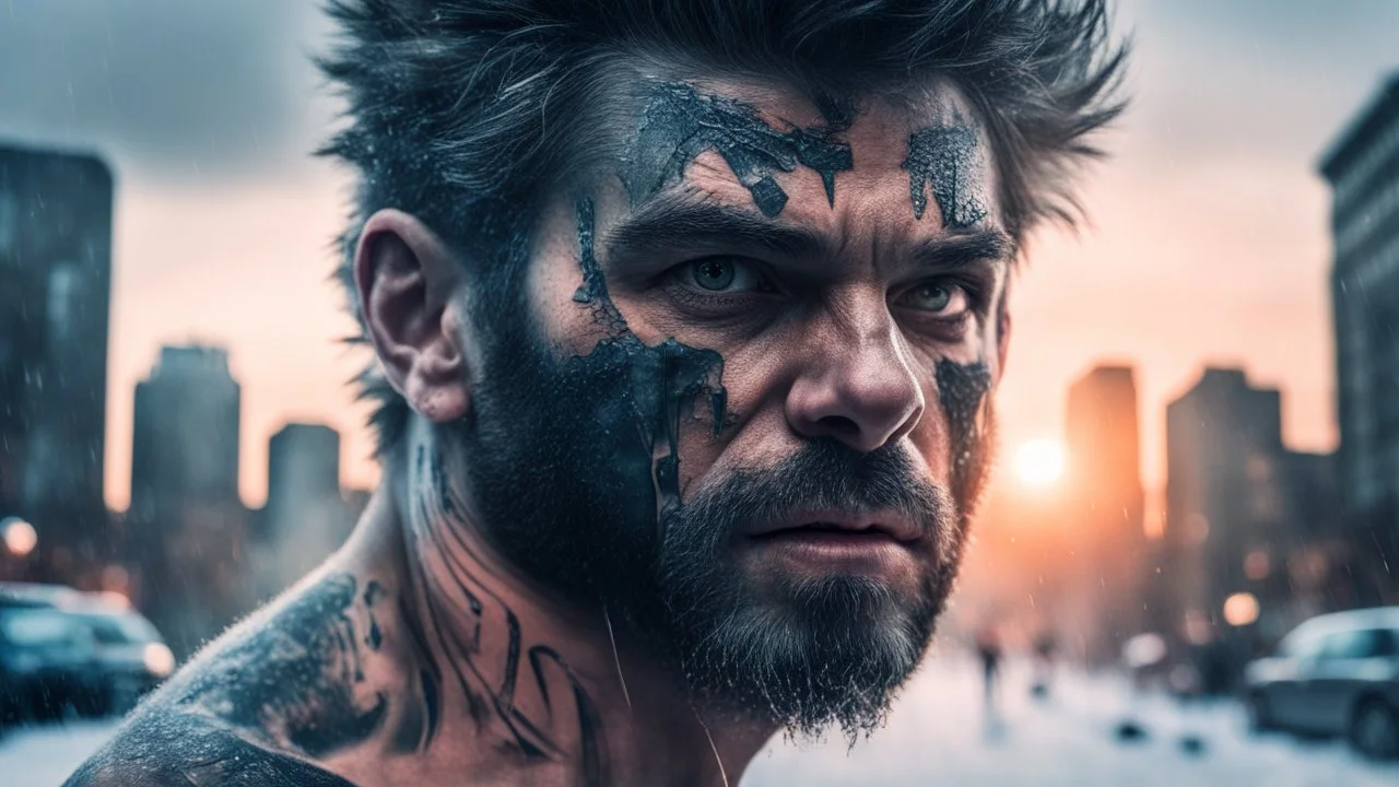 Double exposure, Wolfman, photorealism, man, city, sunset, snow, rain, fantasy, mystical, tattoo, vertical pupils, high detail, high resolution, 8K