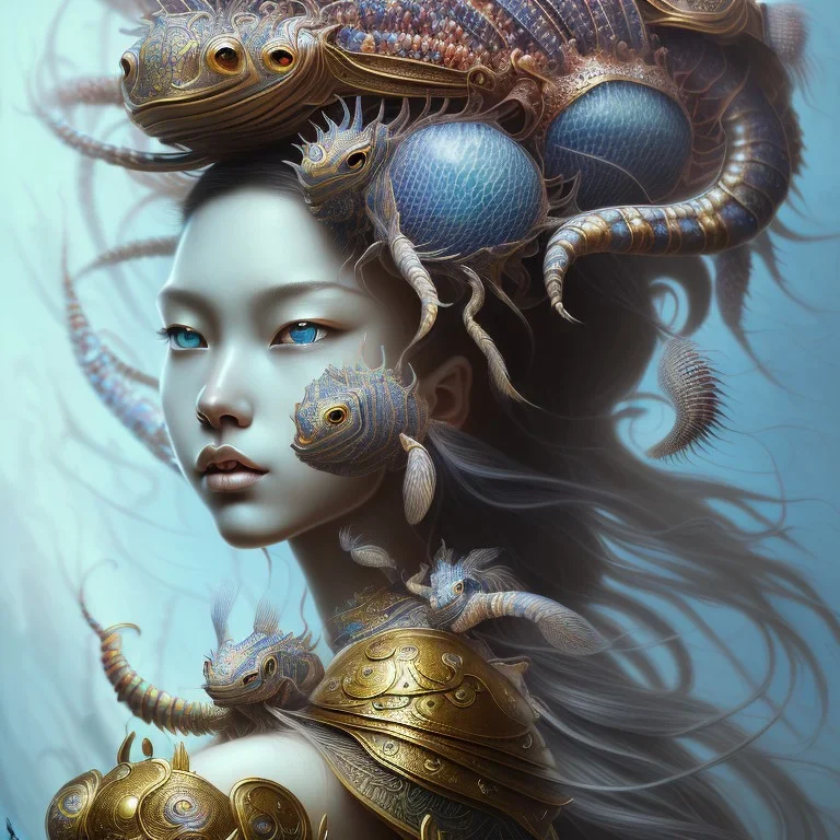 Sango fantasy, fantasy magic, intricate, sharp focus, illustration, highly detailed, digital painting, concept art, matte, art germ and Paul Lewin and Kehinde Wiley, masterpiece Indonesian lady head bronze lionfish Asian African girl nice breast Thai hair turquoise silver blue waves