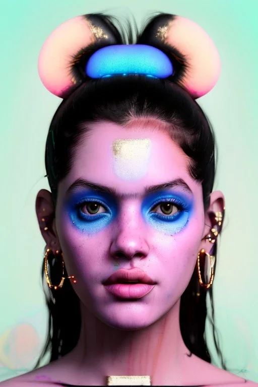 Ultra Realistic image, Rosalía artist, portrait, waist up portrait, black eye line, sweet face, gold pink and blue geisha style, spray line make up, geometric, led lights, neon, rings piercing, led ornament, fog, bubble latex coat, vibrant color, highly detailed, art stations, concept art, smooth, unreal engine 5, god rays, ray tracing, RTX, lumen lighting, ultra detail, volumetric lighting, 3d, finely drawn, high definition, high resolution.