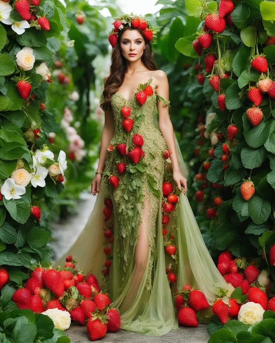 📷🍓💃 length image full body sweet pose pretty woman wearing a beautiful high details natural beuty color unique gown costume made of elements varieties strawberries fruits.fully green leaves and variaties roses,orchids flowers background