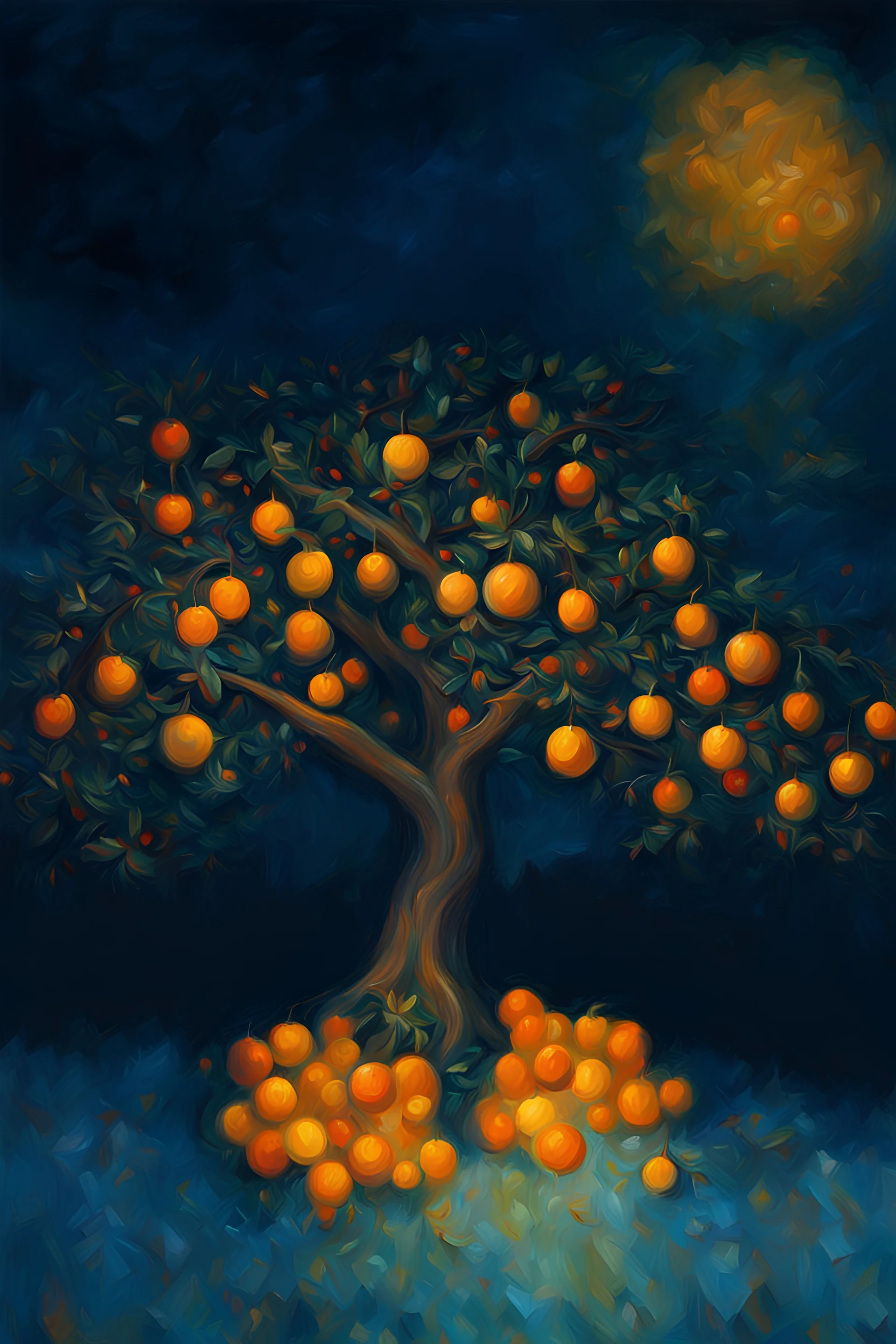 orange tree, night, vangog style, oil art