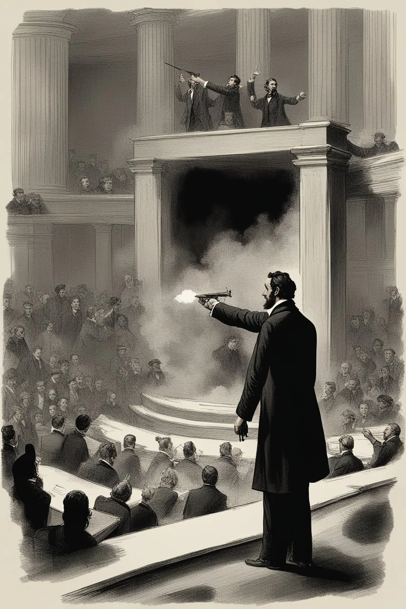 Create a powerful visual representation of the moment Booth fires a single shot into the back of Abraham Lincoln's head. Convey the shock and chaos among the audience as the gunshot reverberates through the theater