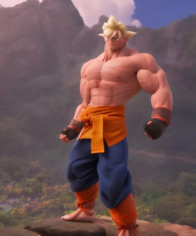 Goku, avatar style, fighting pose, muscular body, shirtless, volumetric details, hyper realism, unreal engine 5