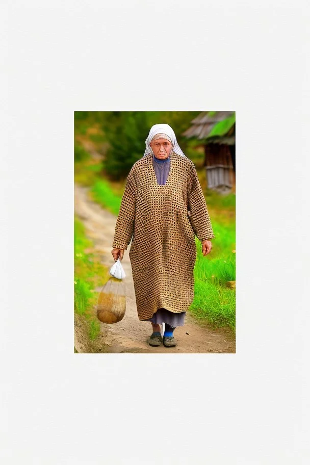 old russian woman outside of her shack on a mountain