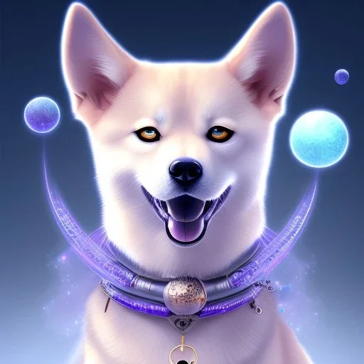 albino shiba inu, ethereal blue violet aura, Orion, orbs, hunter