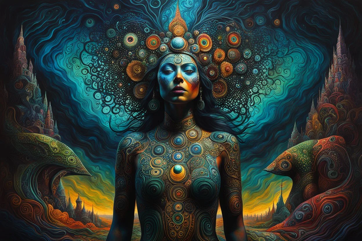 full body painting of a woman experiencing deeply surreal, ethereal, and hallucinatory visions during an ayahuasca journey into the realms of transformative and expanded consciousness, highly detailed in the surrealist style of Max Ernst and Bill Carman, sharply defined and detailed, 4k in dark moody natural colors