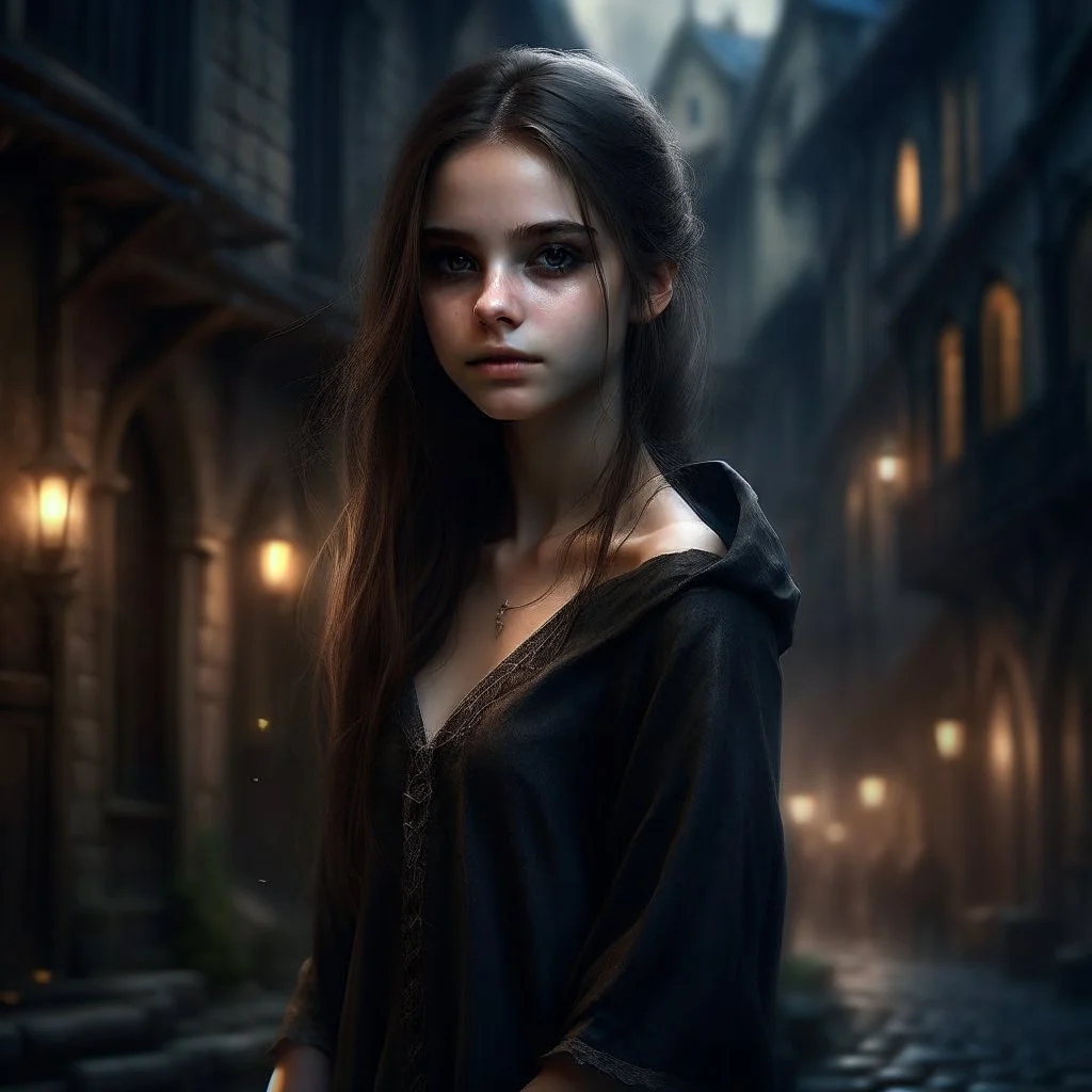 pretty girl, conventionally attractive, dark clothes, realism, dreamy, tight top, age 13, sorcerer, city, fantasy, medieval