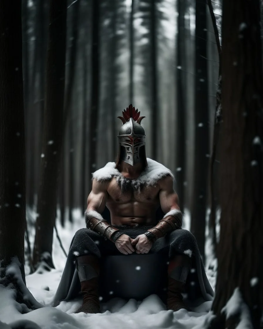 man sitting on a throne in a middle of a snowy forest, muscular athletic physique, wearing a spartan helmet over face,