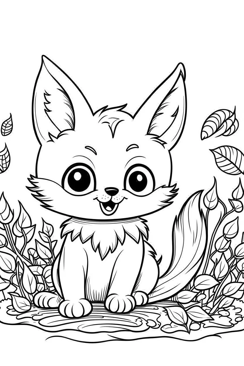 cute coloring page, sketch style, cute baby cat in the wood, cartoon, white and black, withe background, no shadows, outline.